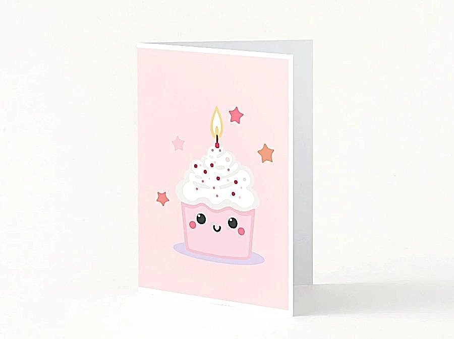 Cette carte d'anniversaire avec son joli gâteau rose est à la fois douce et joyeuse.