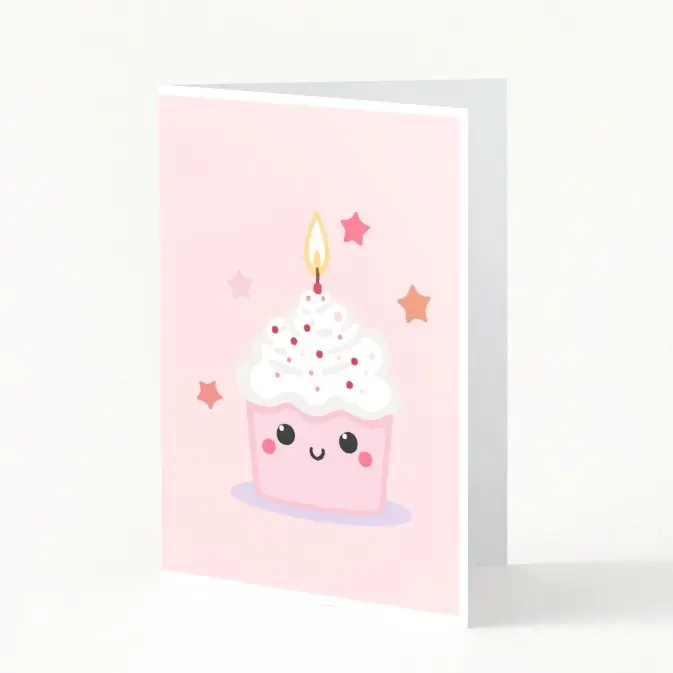Carte d'anniversaire avec un petit gateau avec une bougie dessus , la carte est dans les nuances de rose