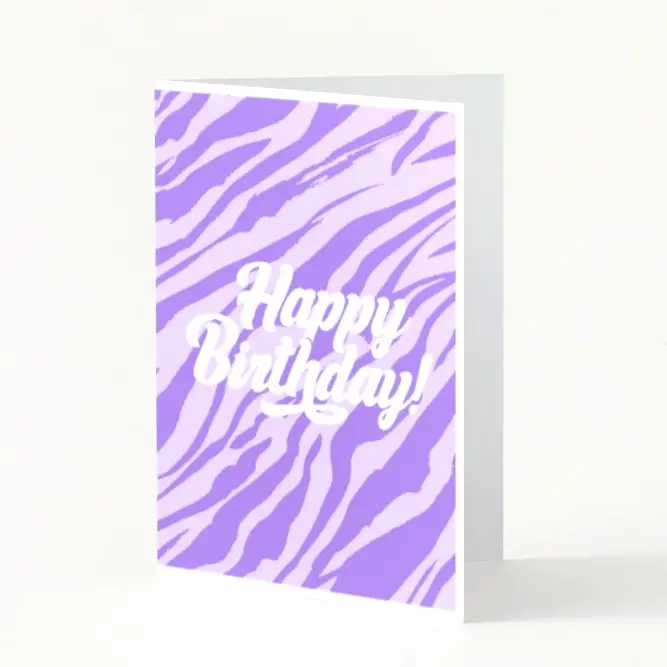 Carte Happy Birthday zébré dans les couleurs mauves 
