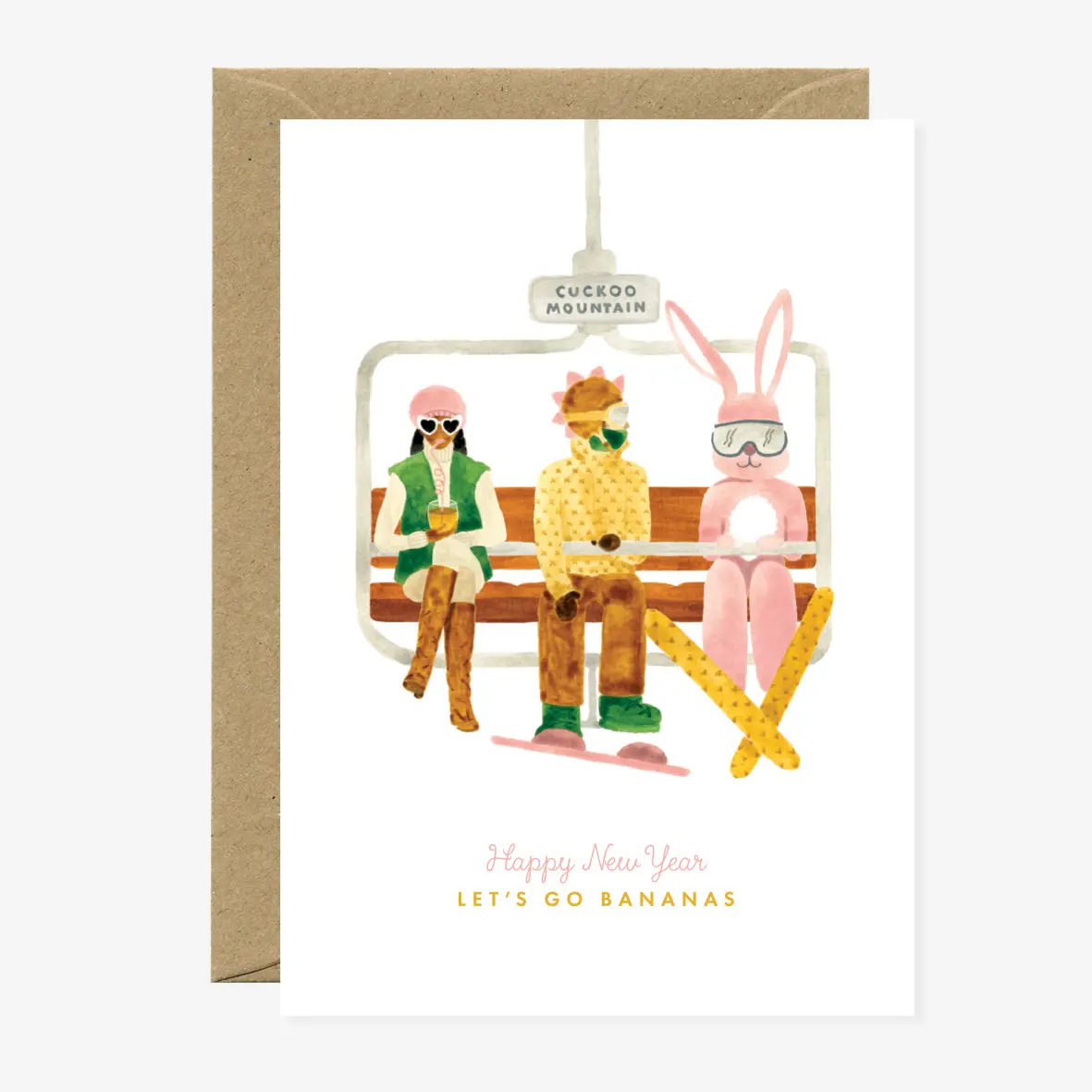 Carte Happy New Year , Vacance d'hiver au téléski